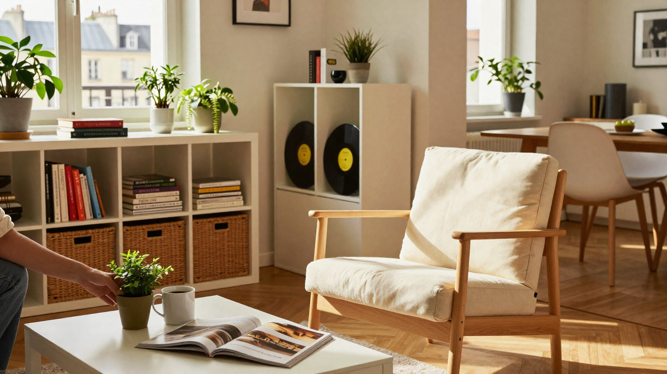 Sala de estar acolhedora com poltrona, mesa de centro, plantas, estantes com livros e discos de vinil.