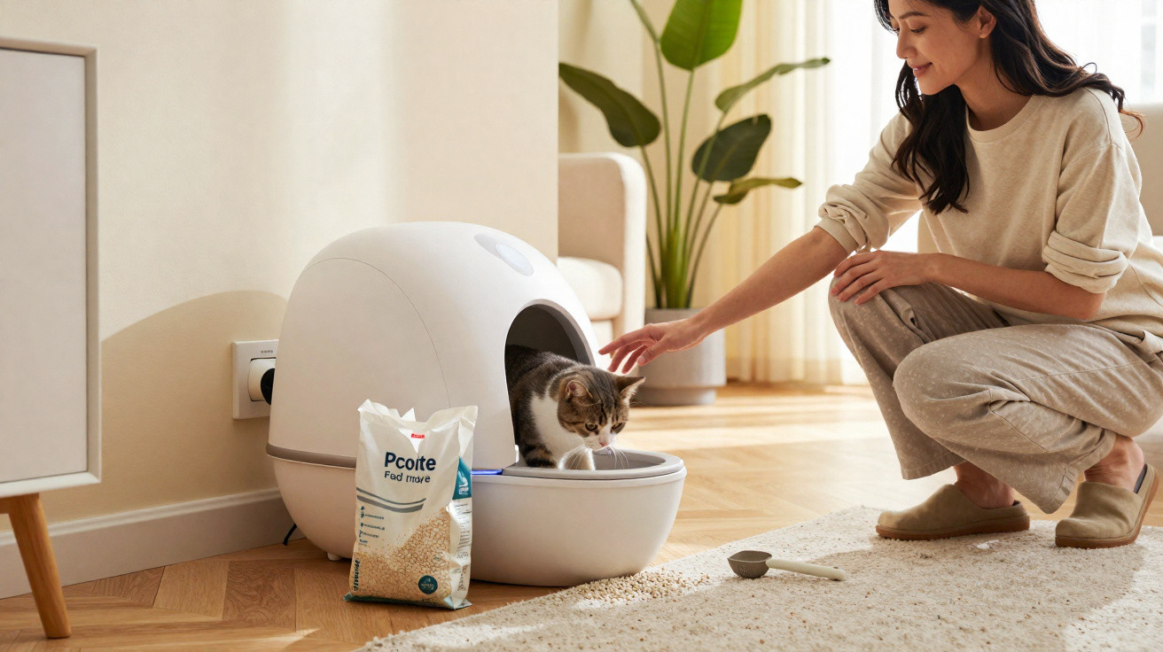 Mulher alimenta gato que está numa máquina automática de alimentação no chão de uma sala luminosa.