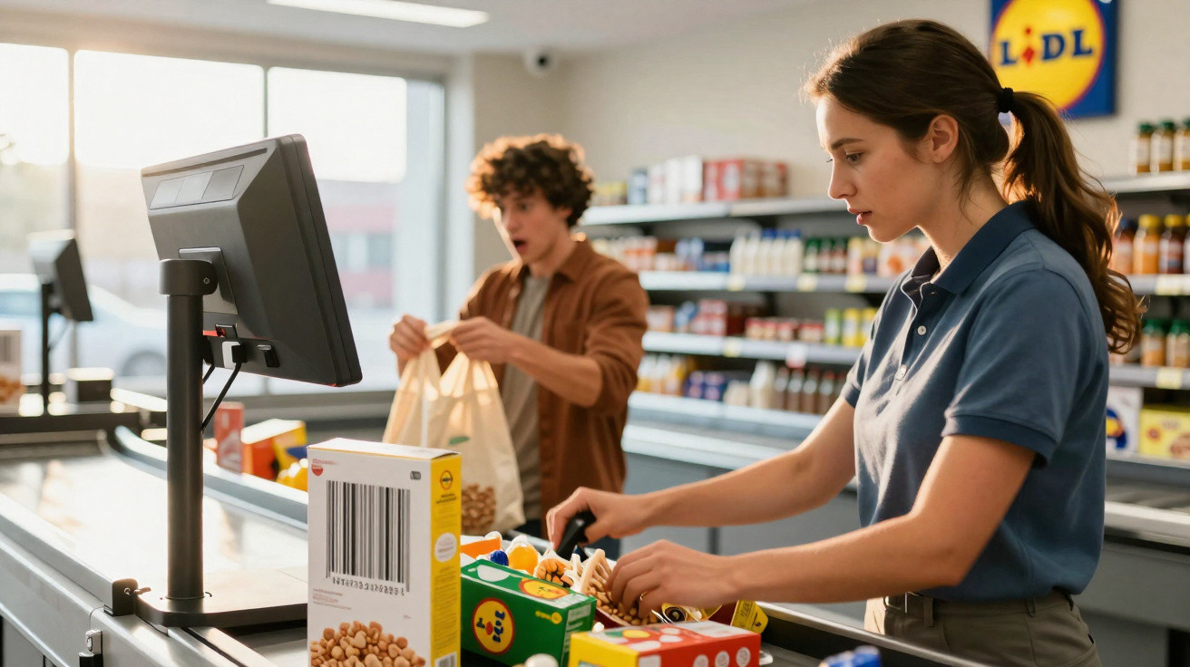 Caixa de supermercado a passar compras enquanto cliente espera surpreendido na fila num Lidl.