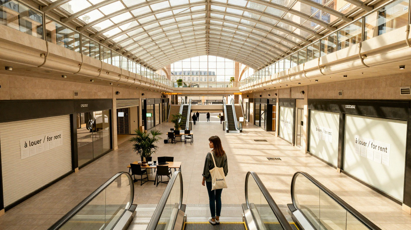 Interior de centro comercial vazio com lojas para arrendamento e escadas rolantes iluminadas por luz natural.