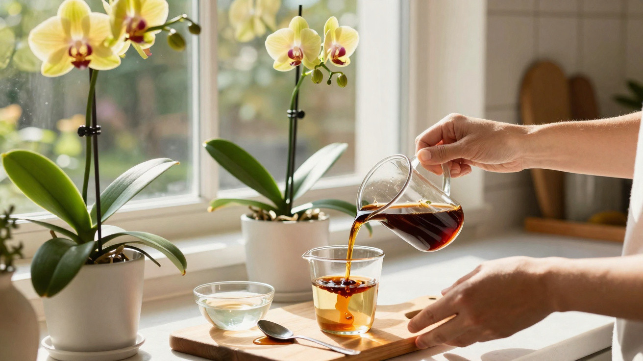 Pessoa a servir café num copo transparente numa cozinha luminosa com orquídeas amarelas junto à janela.