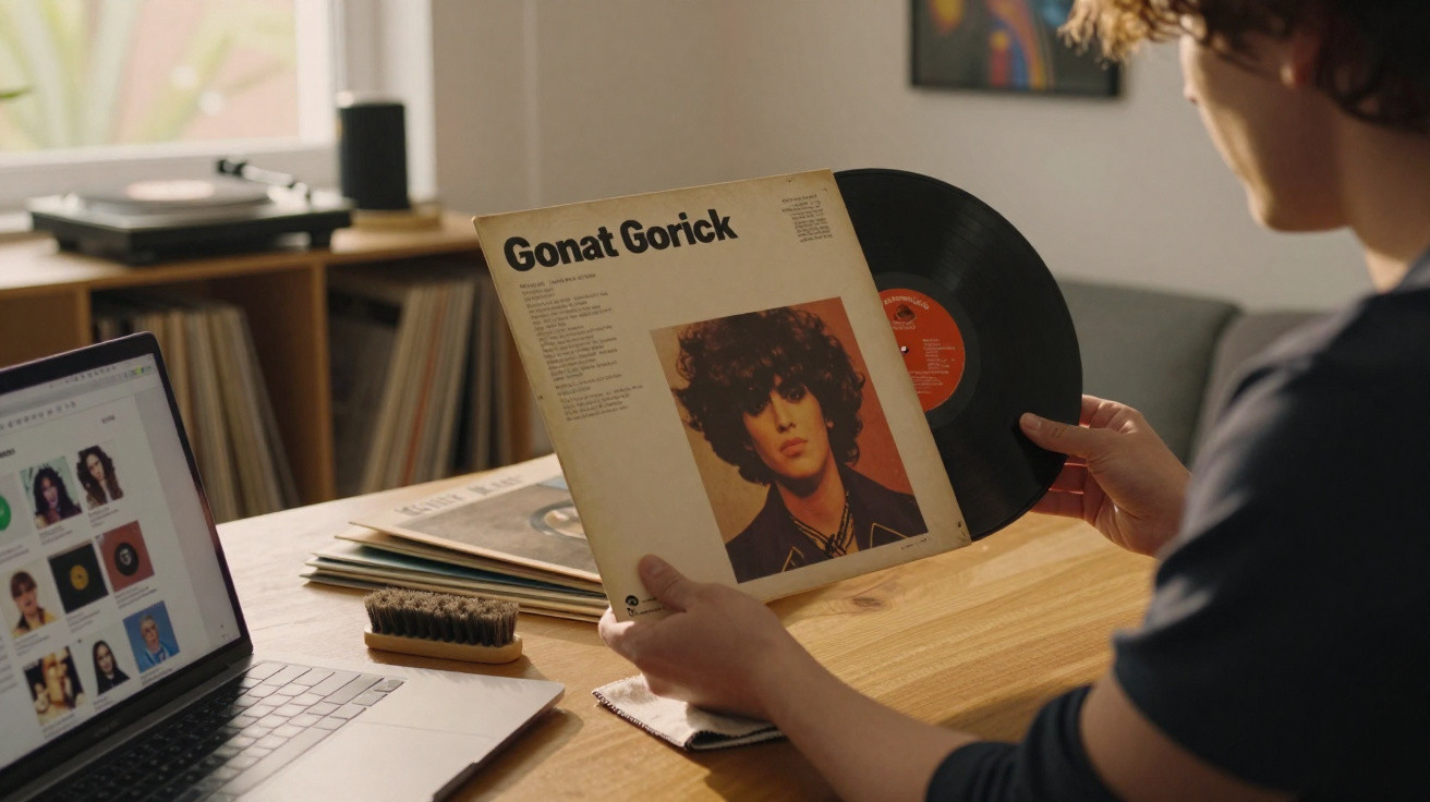 Pessoa a segurar vinil do álbum Gonat Gorick numa sala com computador e gira-discos ao fundo.