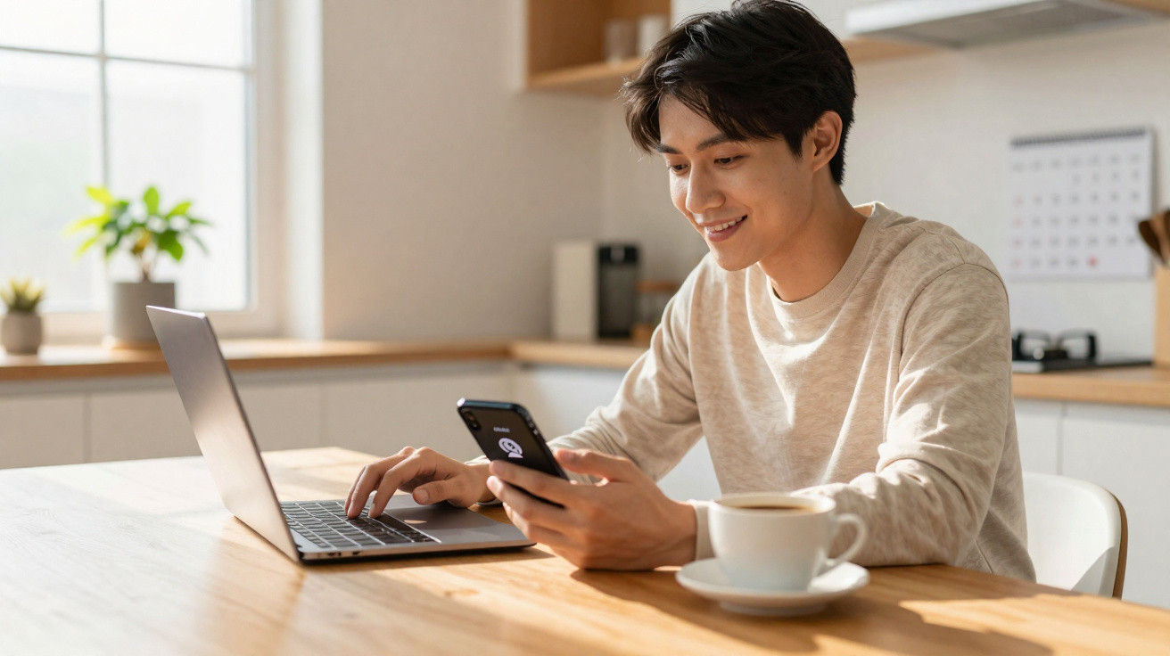 Jovem sentado à mesa com portátil e telemóvel numa cozinha luminosa com uma chávena de café.