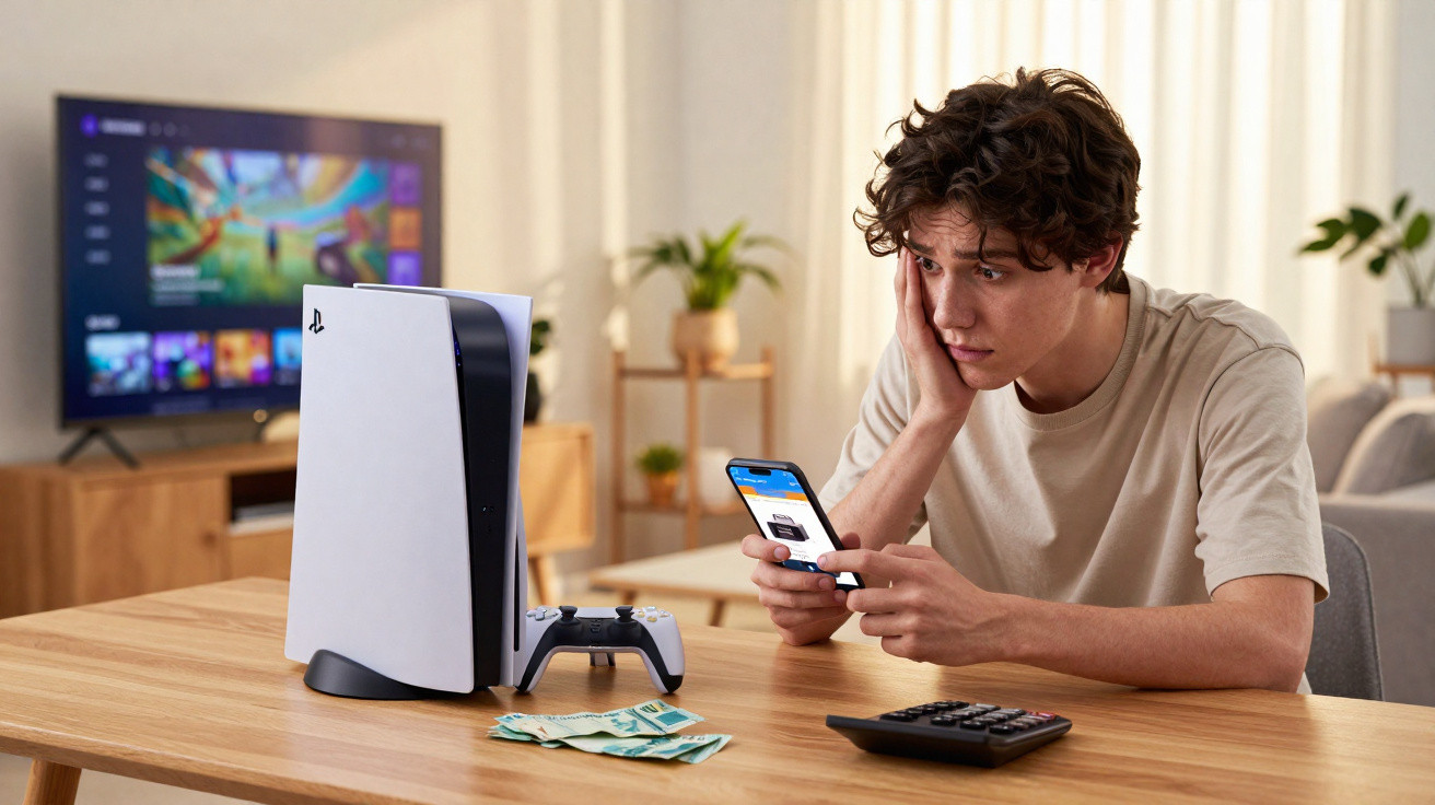 Jovem preocupado com smartphone na mão, consola PlayStation 5, dinheiro e calculadora numa mesa.
