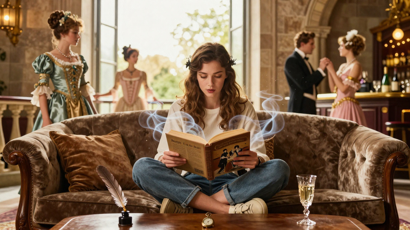 Jovem de roupa casual lê livro num sofá antigo com figuras em trajes históricos ao fundo.