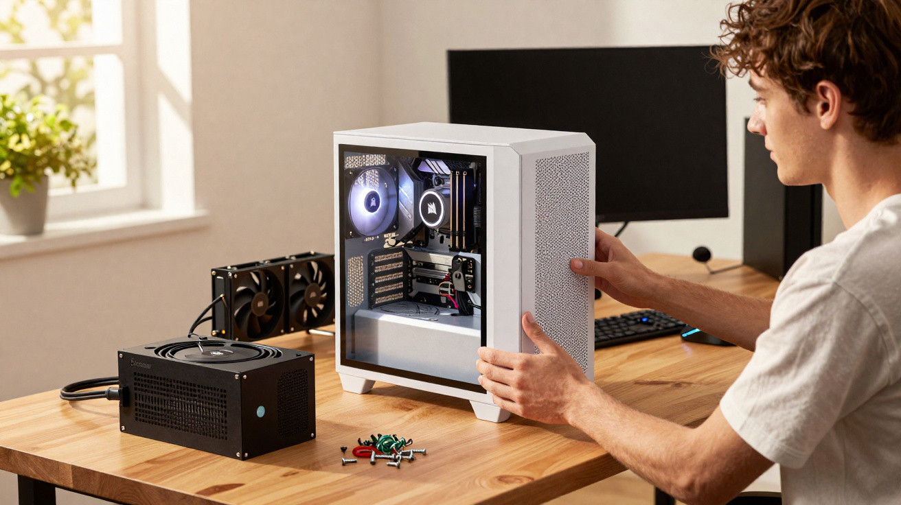 Homem a montar computador com caixa branca, ventoinhas e componentes expostos numa mesa de madeira.