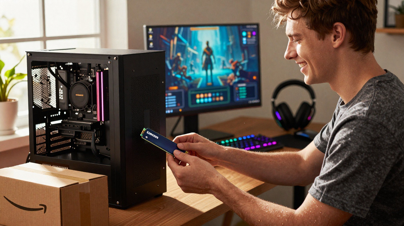 Jovem com sorriso instala memória RAM num computador de secretária durante jogo no monitor ao fundo.