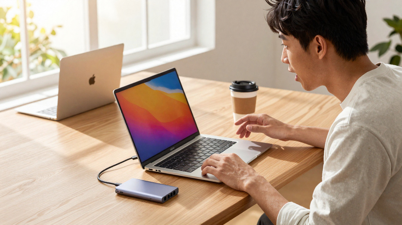 Homem a utilizar computador portátil numa mesa com garrafa térmica e segundo portátil ao fundo.