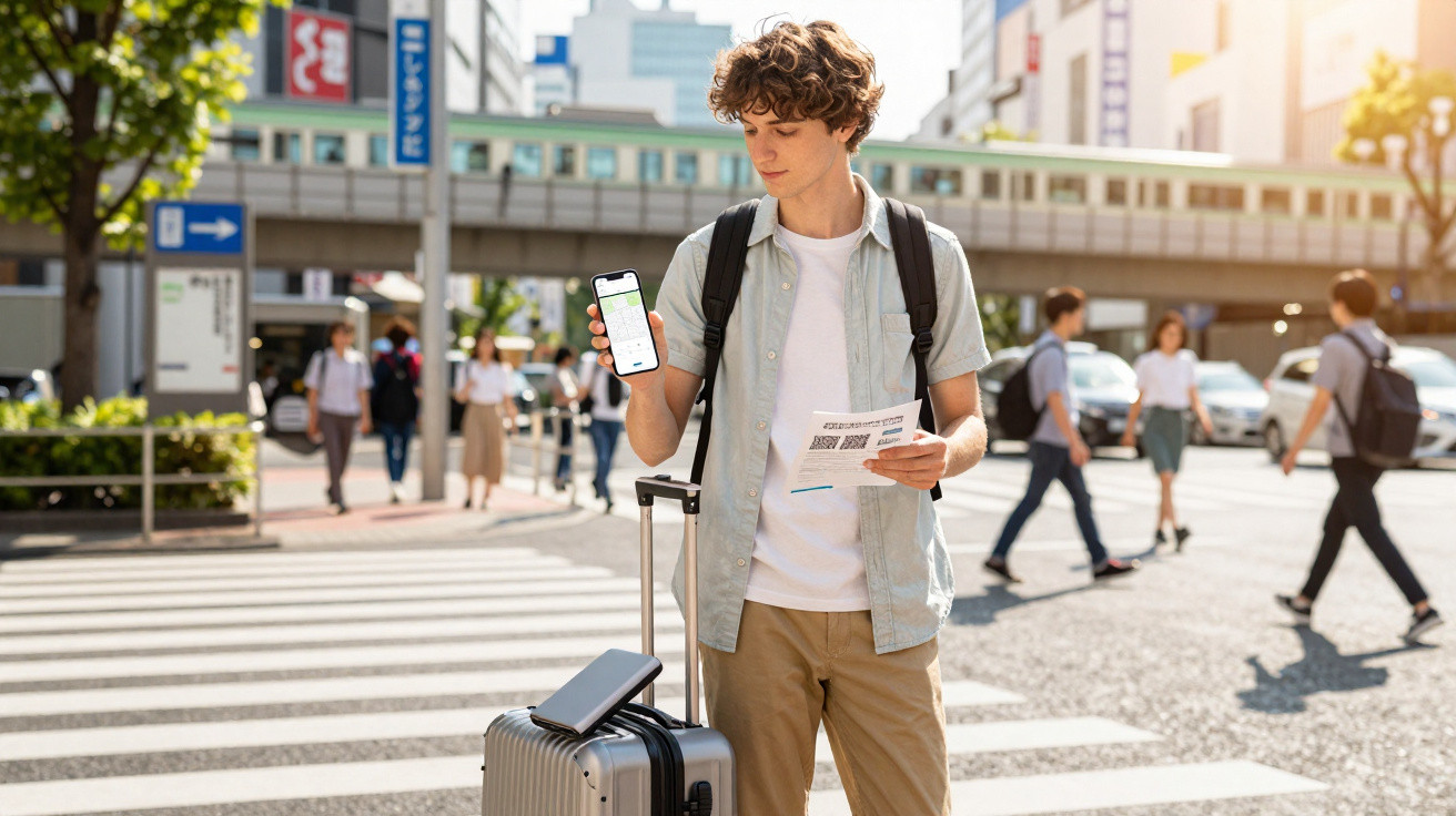 Jovem com mochila e mala vê mapa no telemóvel numa passagem de peões numa zona urbana movimentada.