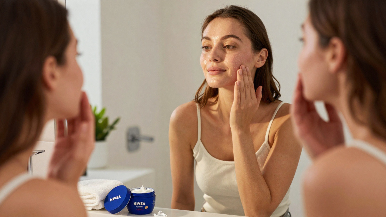 Mulher a aplicar creme facial Nivea no rosto, olhando para o espelho num ambiente de casa de banho.