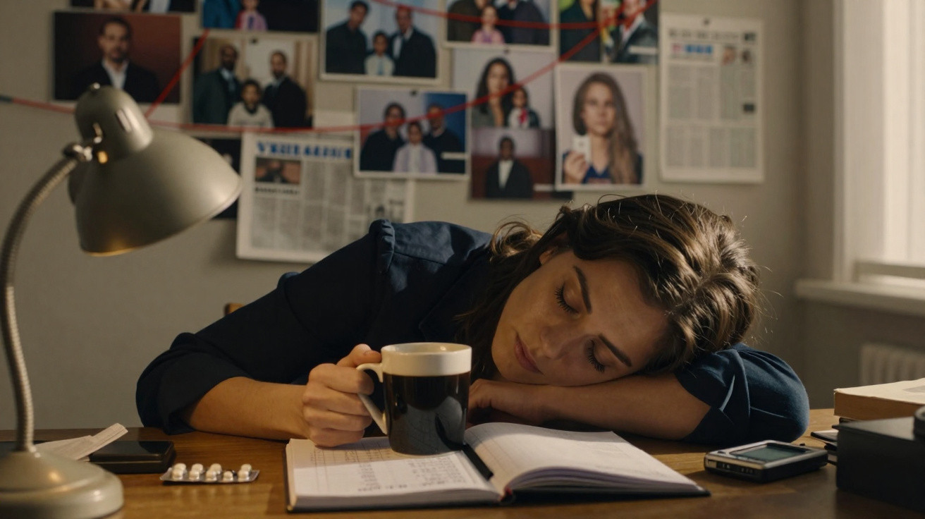 Mulher cansada dorme sobre a mesa com café, perto de notas e uma parede com fotos e ligações a investigação.