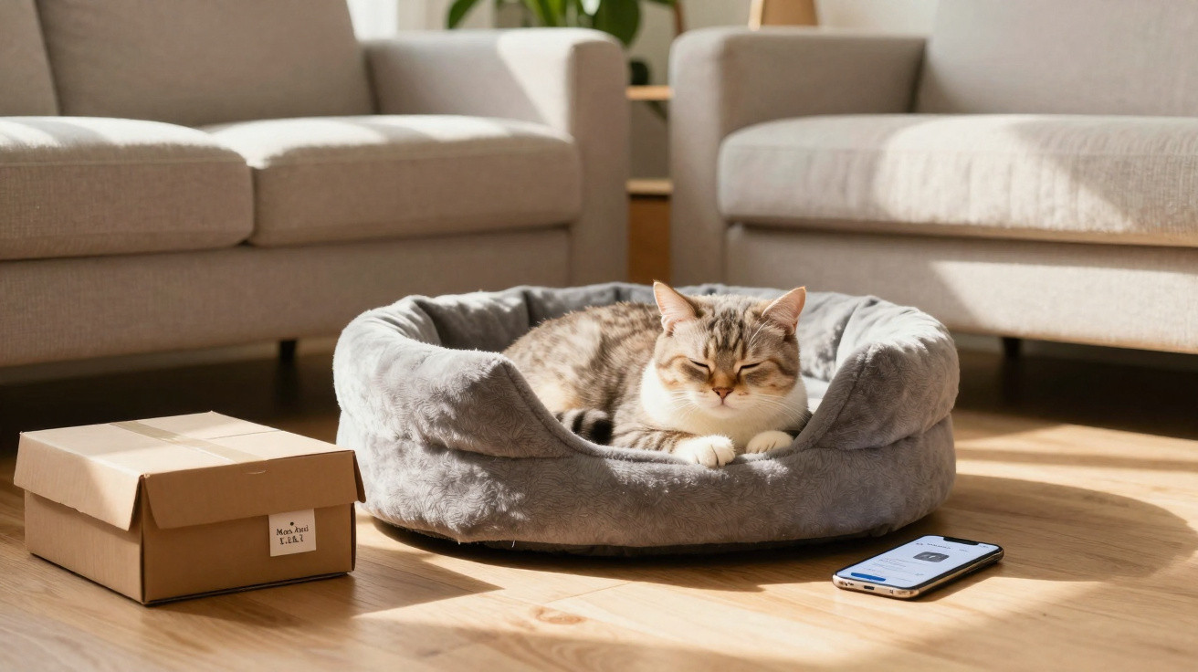 Gato cinzento a dormir numa cama felpuda cinzenta no chão de madeira entre um sofá e uma caixa de cartão.