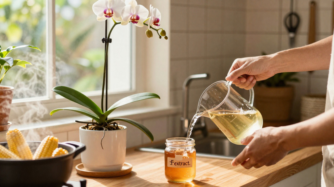 Pessoa a deitar líquido num frasco de vidro junto a uma orquídea branca numa cozinha iluminada.