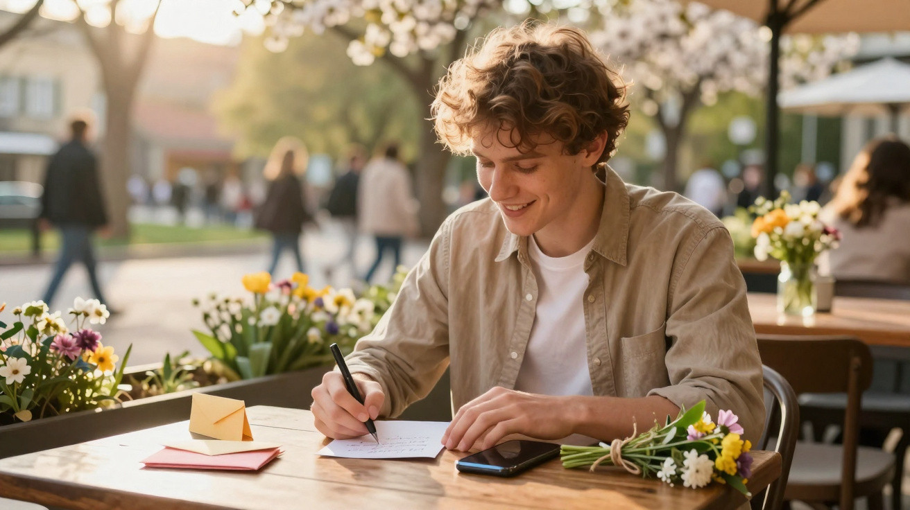 Jovem a escrever um postal num café ao ar livre rodeado de flores e flores na mesa.