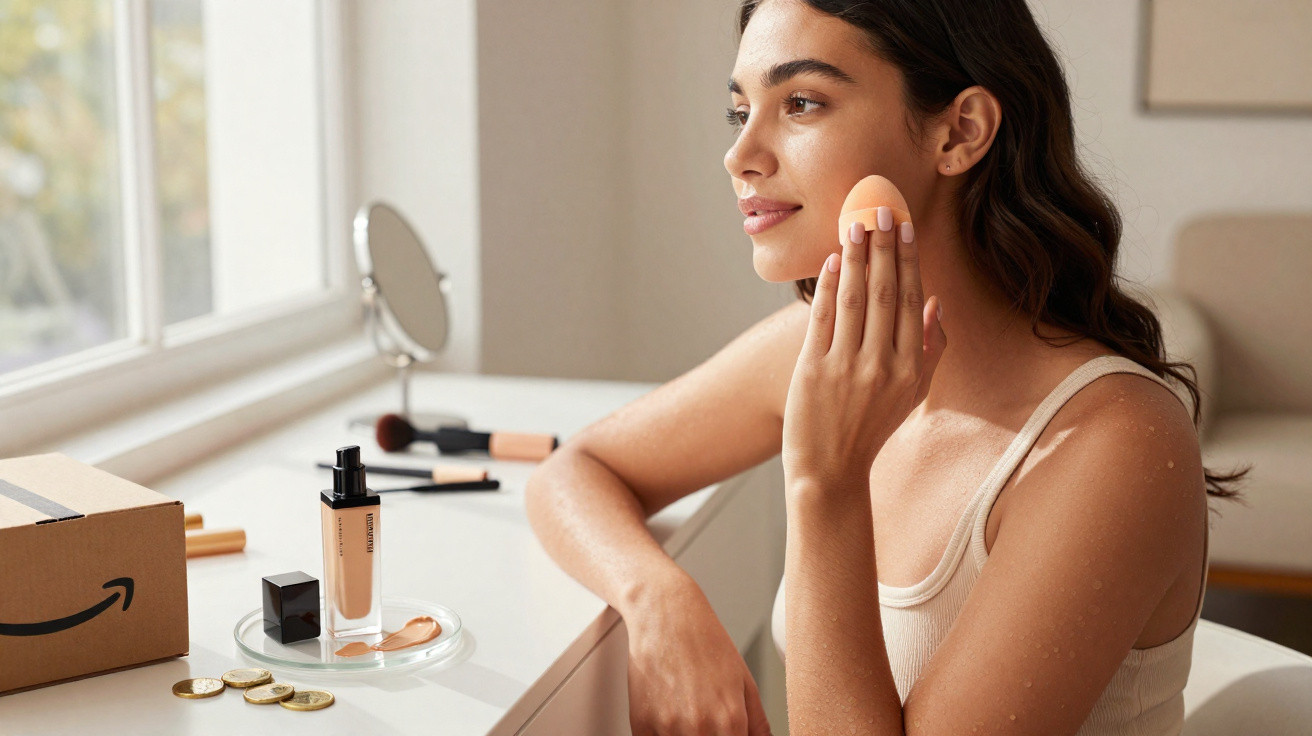 Mulher aplica base de maquilhagem com esponja num rosto junto a uma secretária com espelho e produtos.