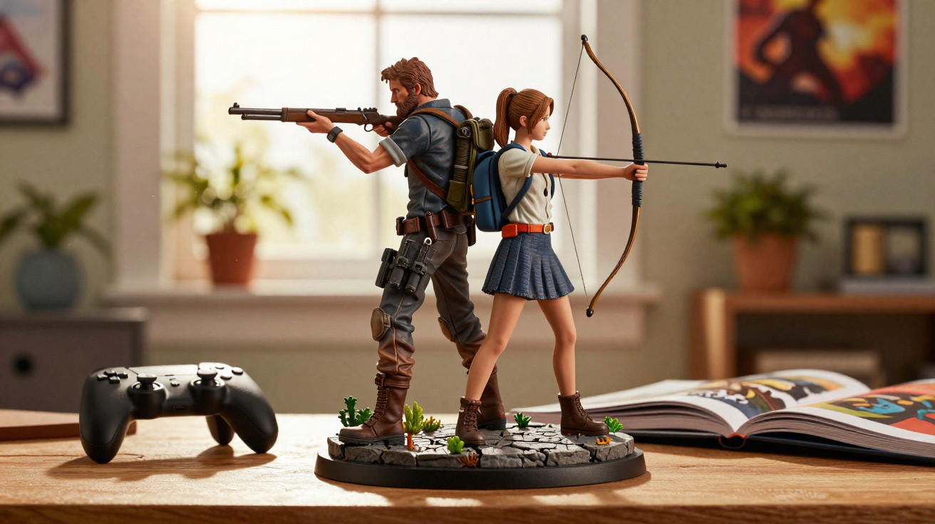 Figuras de ação a jogar lado a lado, uma com arma de fogo e outra com arco, em cima de uma secretária com comando e banda des