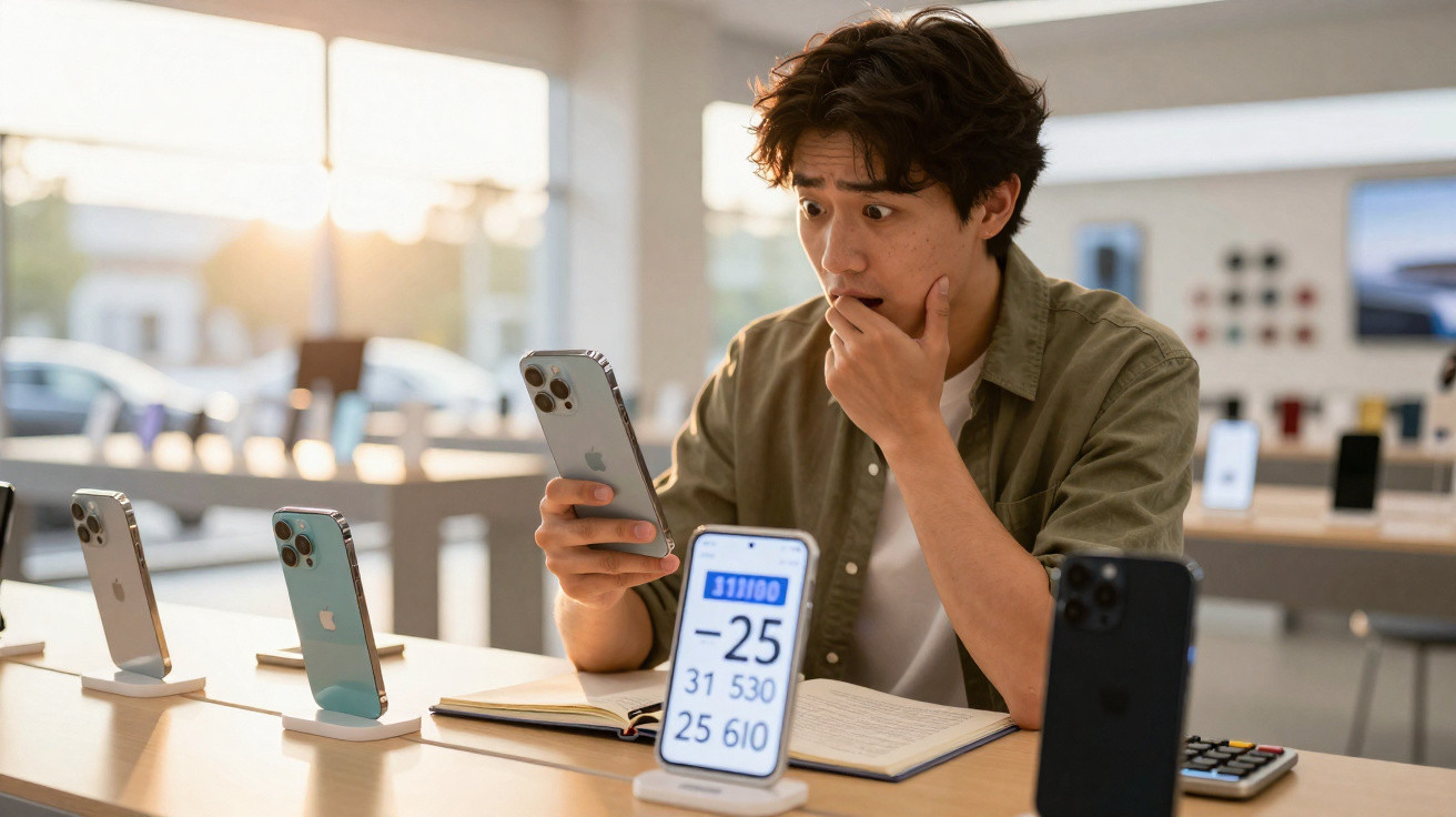 Homem surpreendido ao olhar para smartphone numa loja de tecnologia com vários telemóveis expostos.