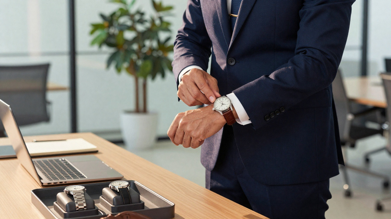 Homem em fato azul a experimentar um relógio de pulso em escritório moderno com relógios sobre a mesa.