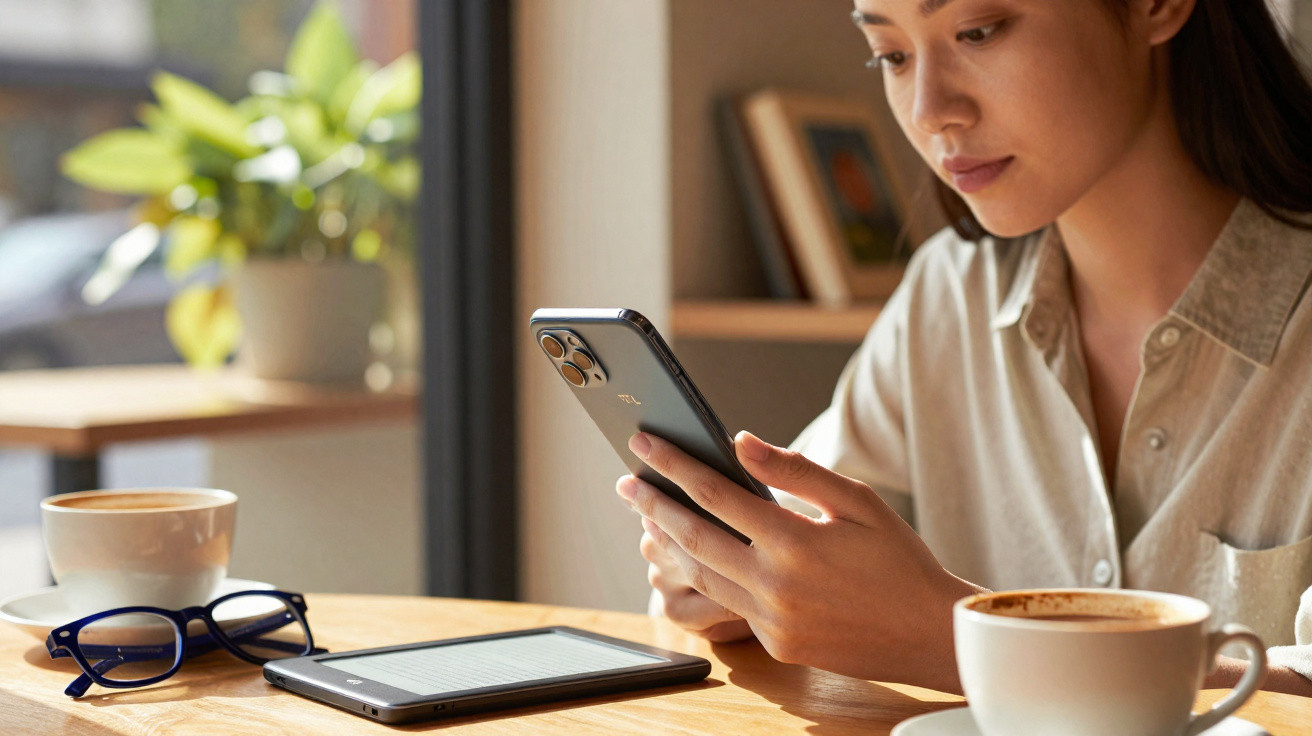 Mulher sentada numa mesa com café, óculos, e tablet, usando smartphone num ambiente acolhedor.