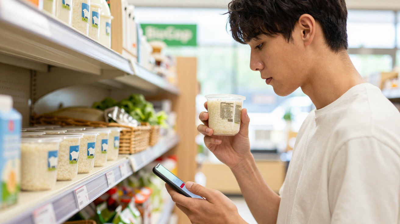 Jovem a fazer compras num supermercado, lendo o rótulo de um produto enquanto usa o telemóvel.