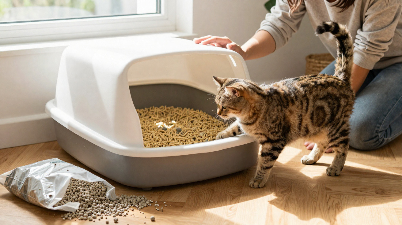 Gato tigrado perto de areia para gatos num sanitário coberto, com saco de areia aberto e pessoa ao fundo.