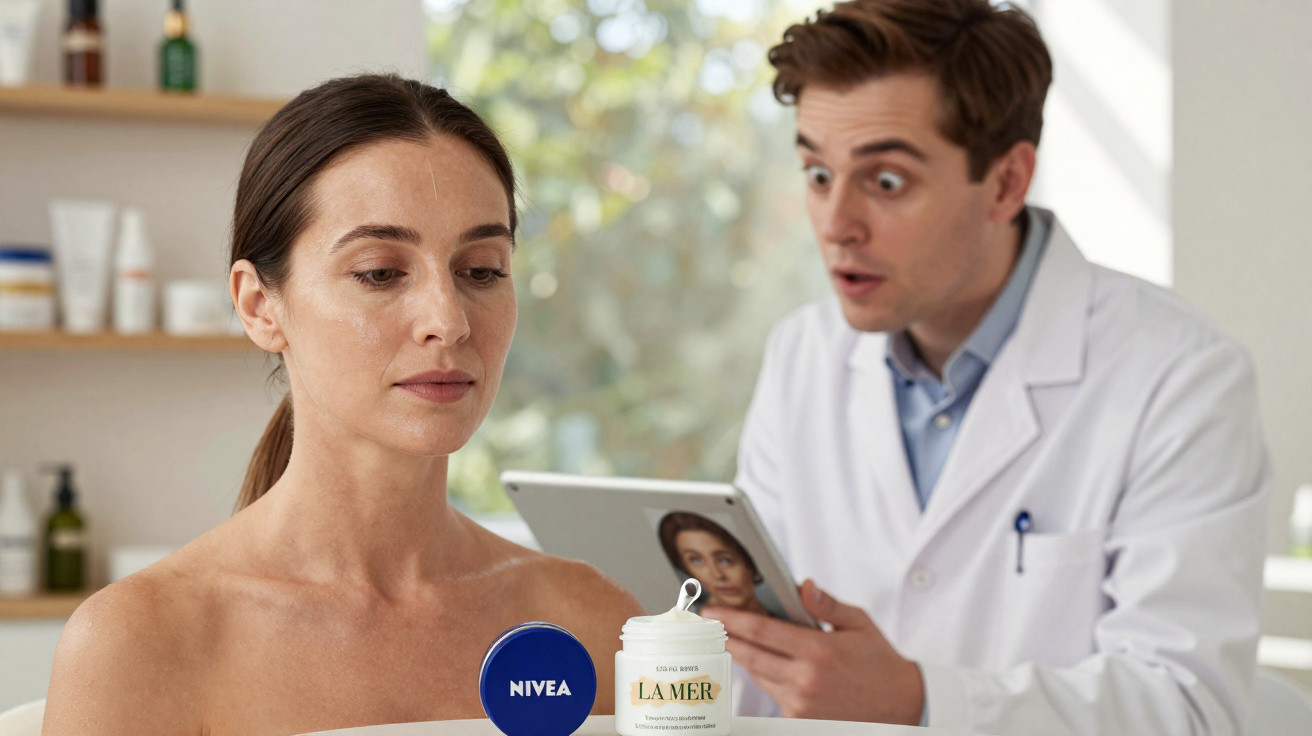 Mulher a receber consulta dermatológica enquanto observa cremes de rosto Nivea e La Mer.