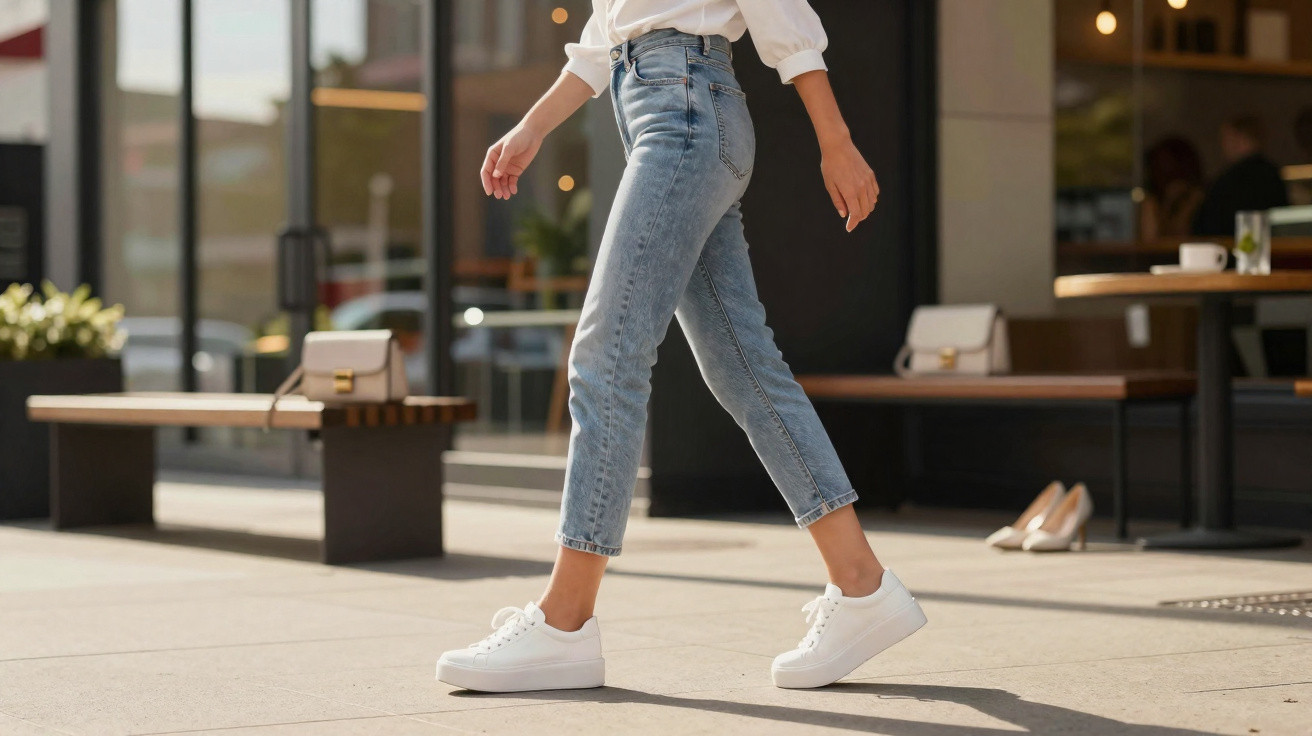 Pessoa de jeans e sapatilhas brancas a caminhar numa rua urbana ensolarada.