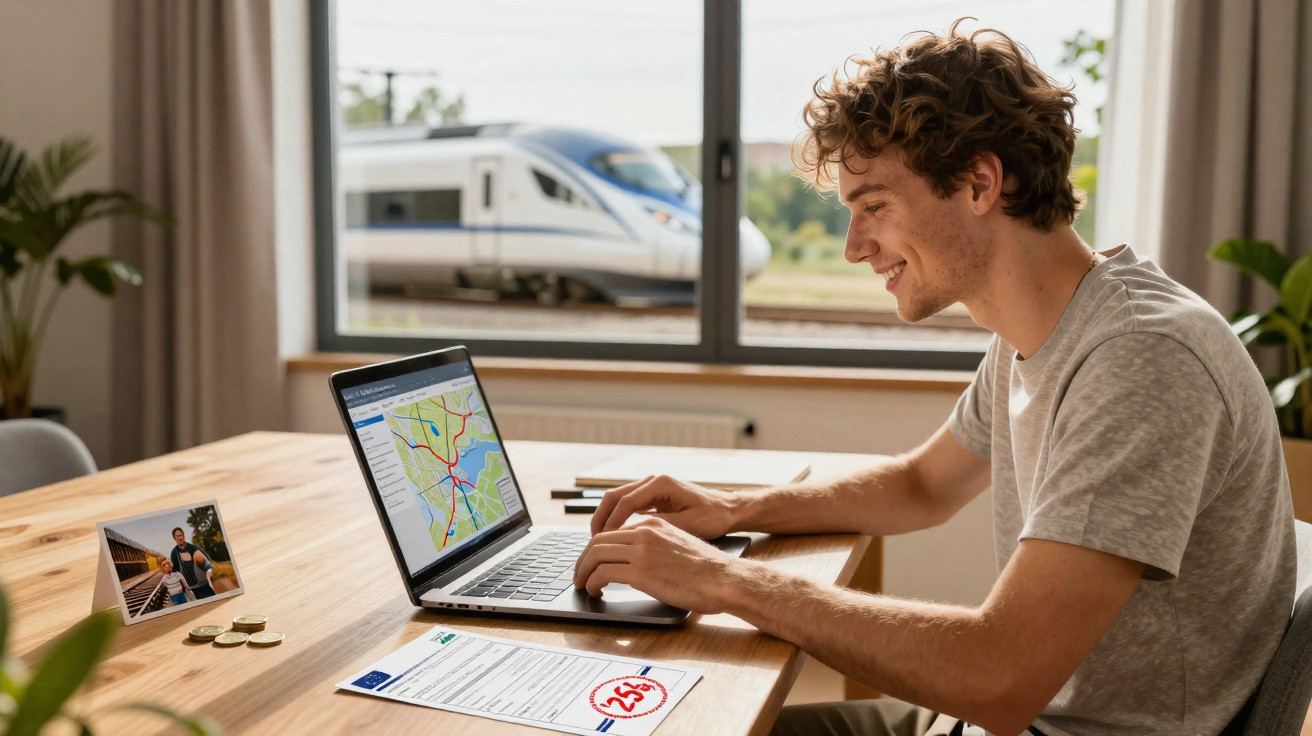 Jovem sentado à mesa a usar portátil, com mapa no ecrã e comboio a passar pela janela atrás.