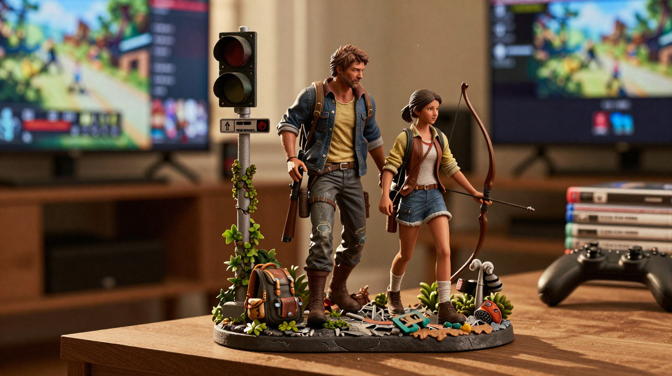 Estatuetas detalhadas de homem e rapariga com armas, sobre base com sinal de trânsito, perto de comandos de videojogo.
