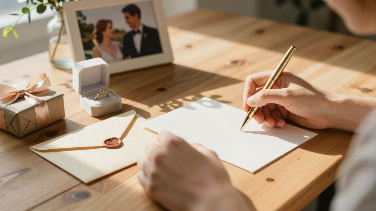 Pessoa a escrever carta numa mesa de madeira com anel de noivado, envelope e fotografia de casal ao fundo.