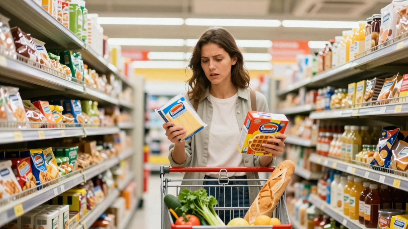 Mulher no supermercado compara dois produtos alimentares enquanto empurra carrinho de compras cheio.