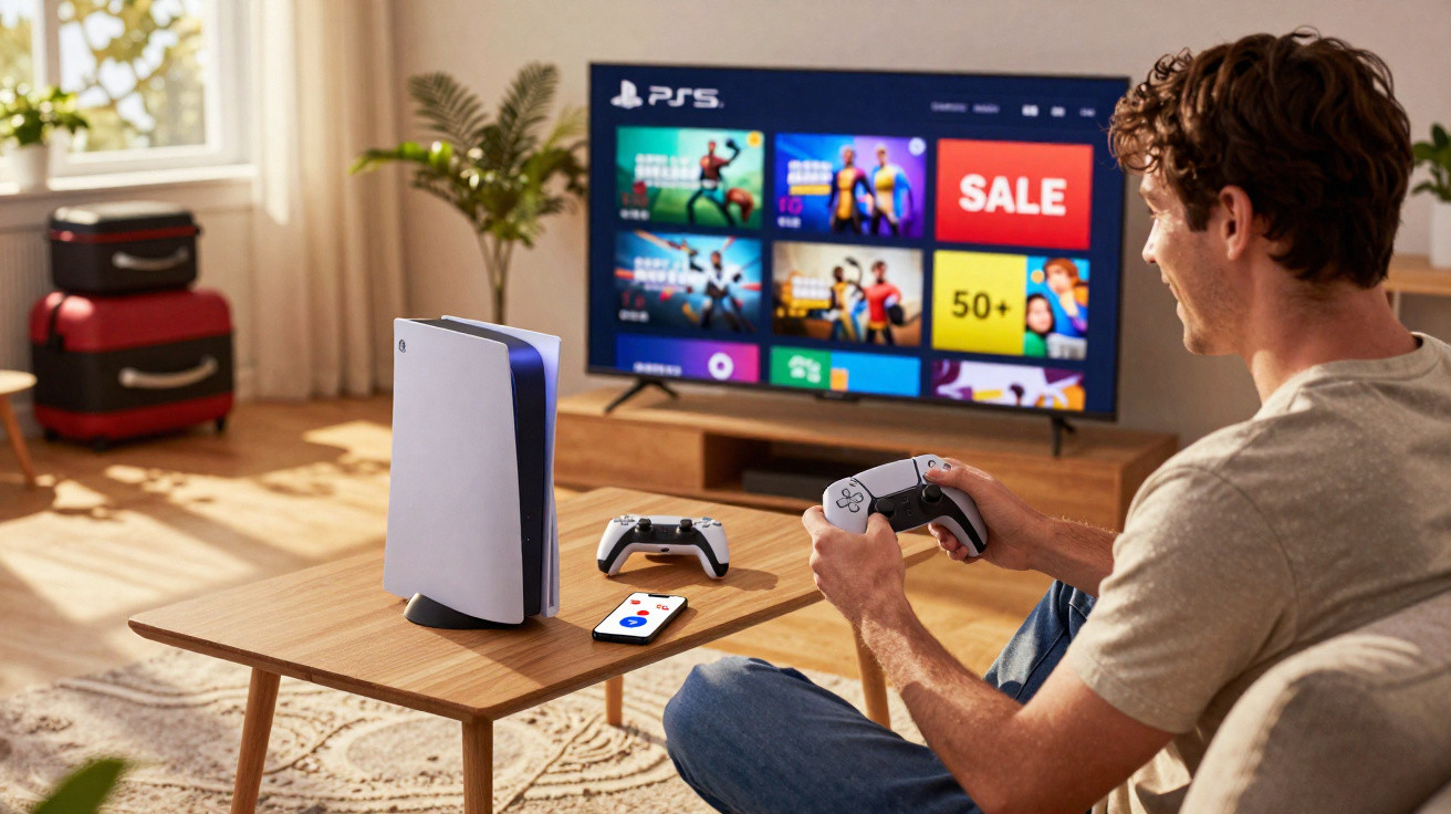 Homem sentado no sofá a jogar PlayStation 5 numa sala iluminada com consola e comandos numa mesa de madeira.