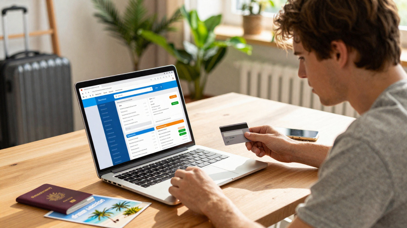 Homem a fazer compras online com cartão de crédito, computador, passaporte e viagem na mesa.