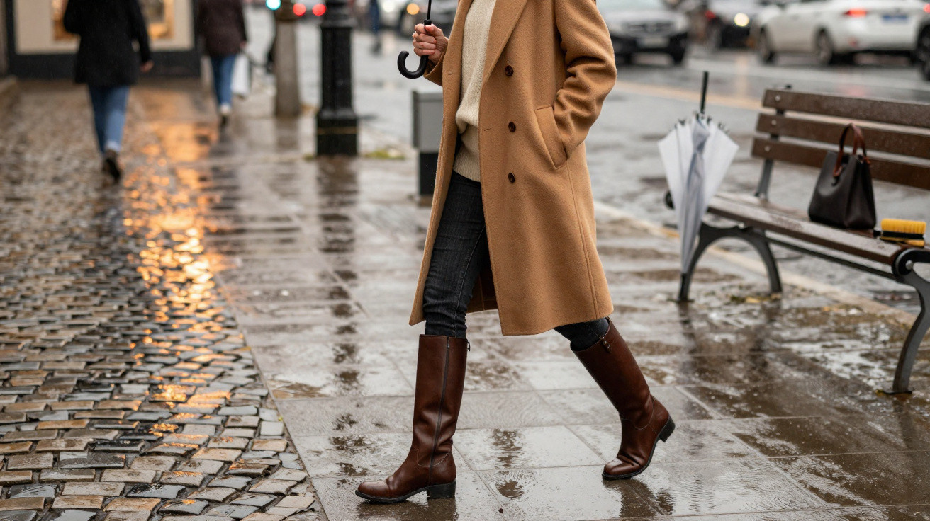 Pessoa vestida com casaco bege e botas castanhas a caminhar numa calçada molhada com guarda-chuva na mão.