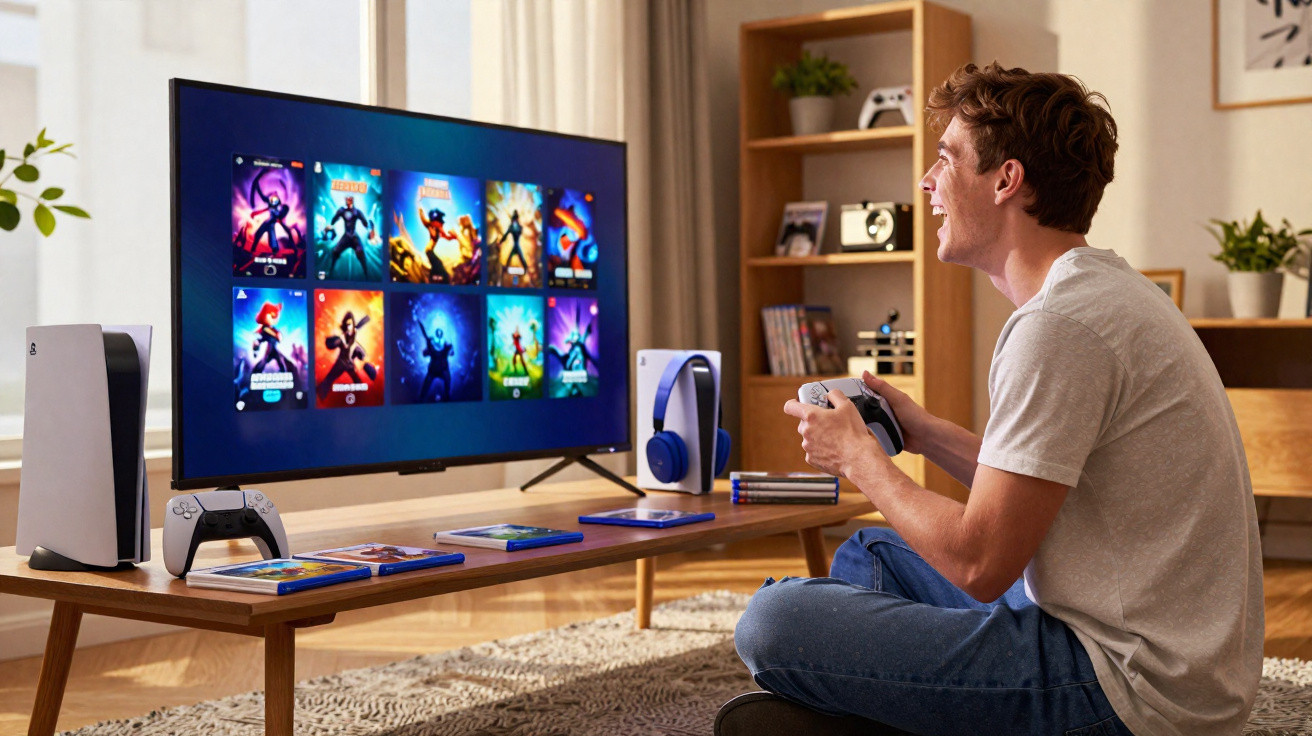 Homem sentado no chão a jogar videojogos numa consola PlayStation junto a uma televisão e comandos.