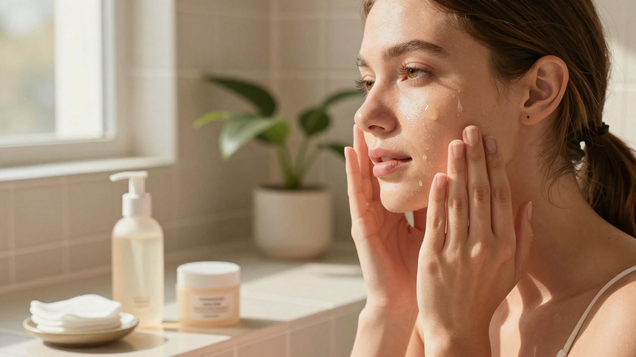 Mulher a aplicar hidratante facial num ambiente luminoso e com produtos de cuidado de pele à sua frente.