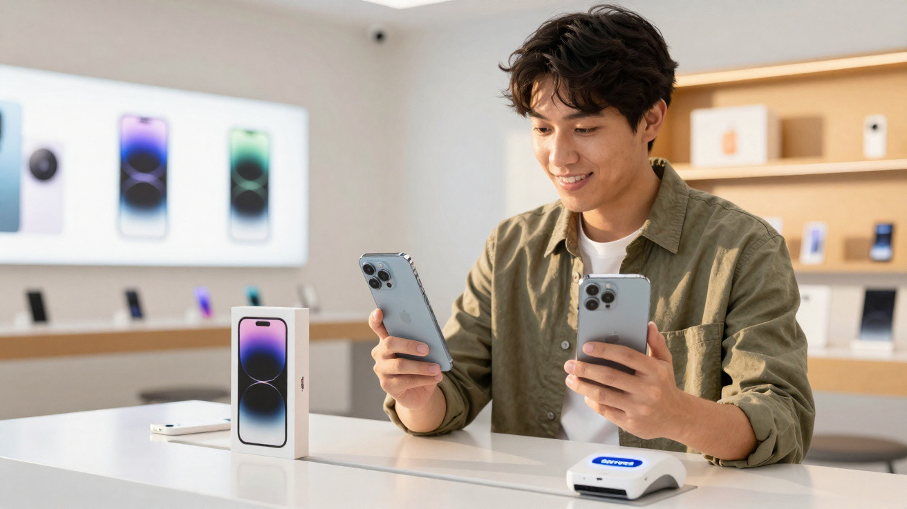 Jovem sorridente compara dois smartphones modernos numa loja elegante de tecnologia.
