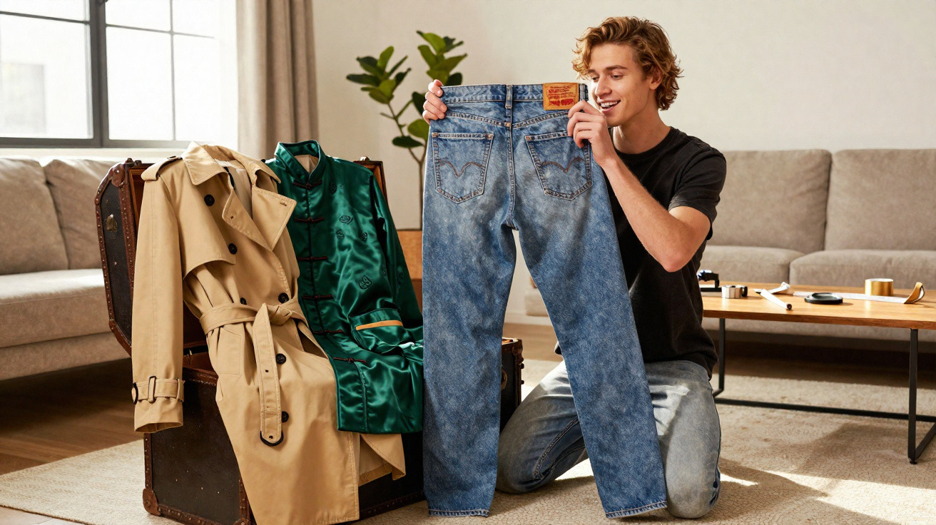 Jovem ajoelhado em sala de estar mostra um par de jeans azuis, com um casaco bege e roupa verde num baú ao lado.
