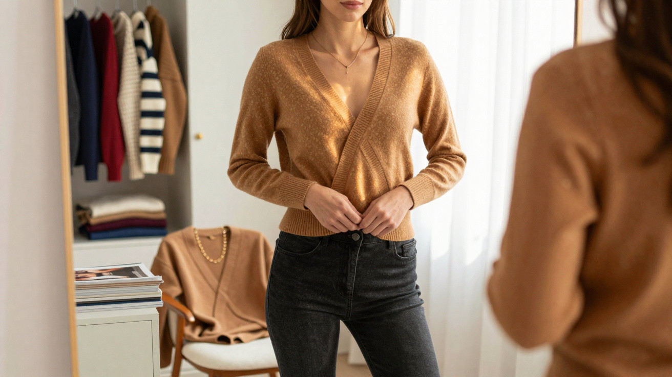 Mulher de pele clara veste camisola castanha e jeans pretos, olhando para o espelho num quarto com roupa pendurada.