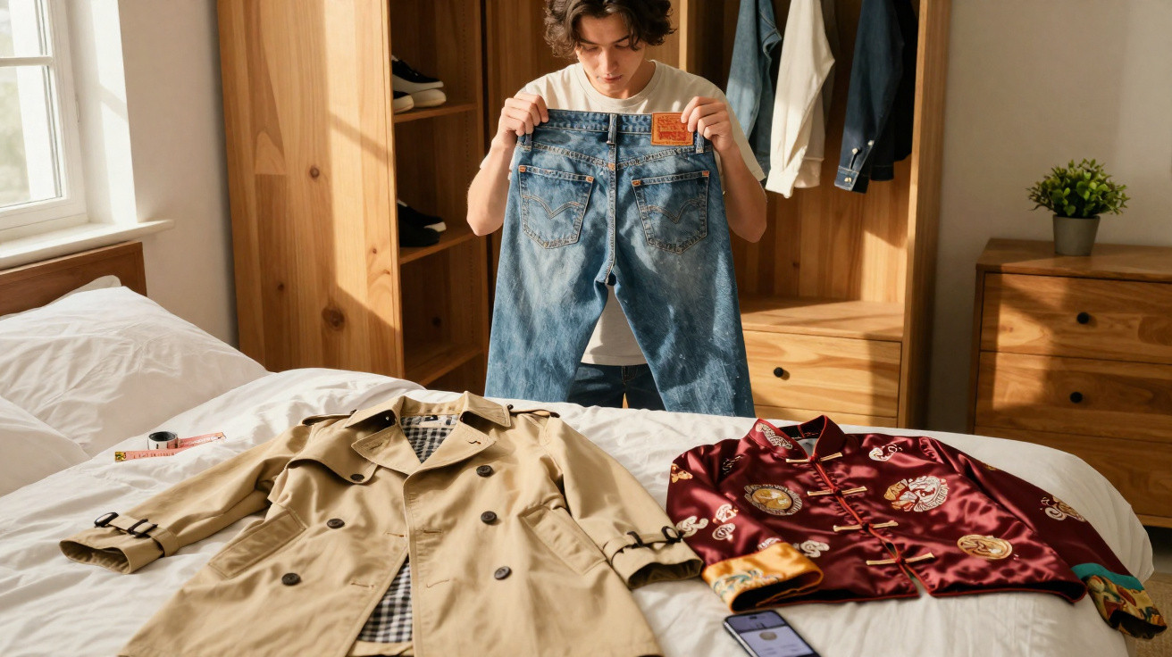 Jovem segura jeans azul, analisando opções de roupa sobre cama em quarto com luz natural.