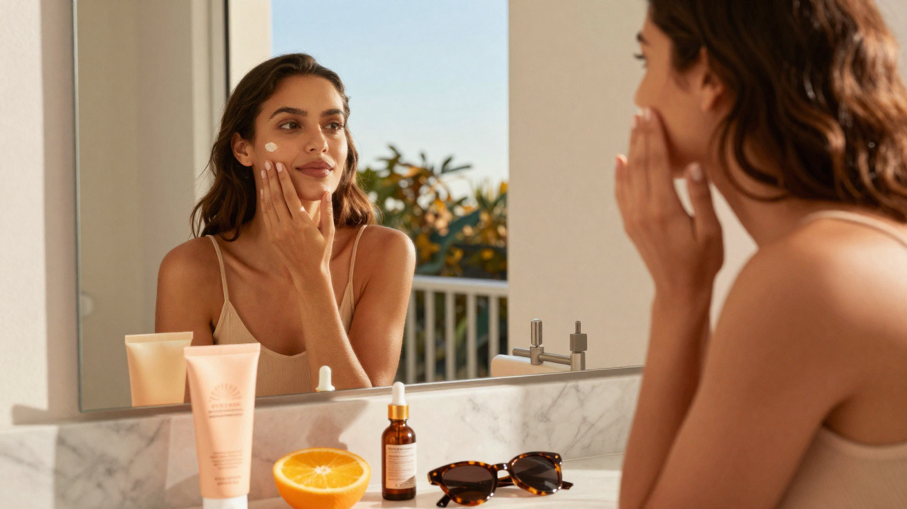 Mulher aplica creme facial junto a espelho de casa de banho, com produtos de cuidado e uma laranja na bancada.