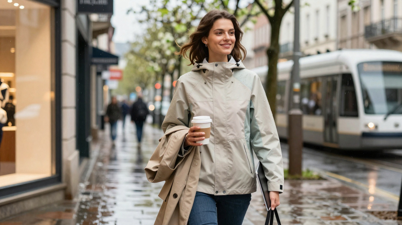 Mulher sorridente com casaco cinza a andar na rua molhada, segurando café para viagem e transporte ao fundo.