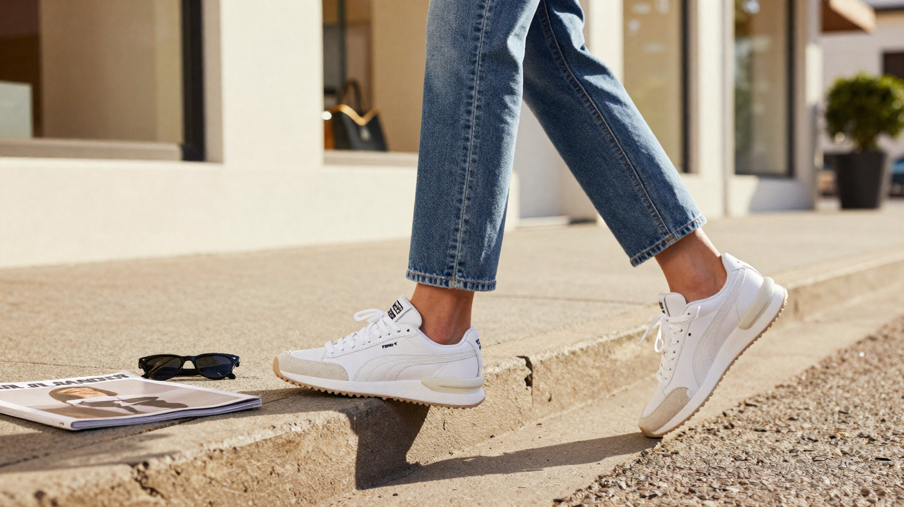 Pessoa com jeans e ténis brancos Puma a subir o passeio em ambiente urbano com óculos e revista no chão.