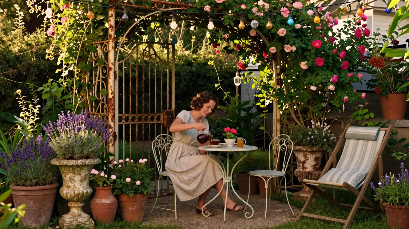 Mulher a servir chá sentada numa mesa de jardim rodeada por flores e plantas num ambiente tranquilo ao ar livre.