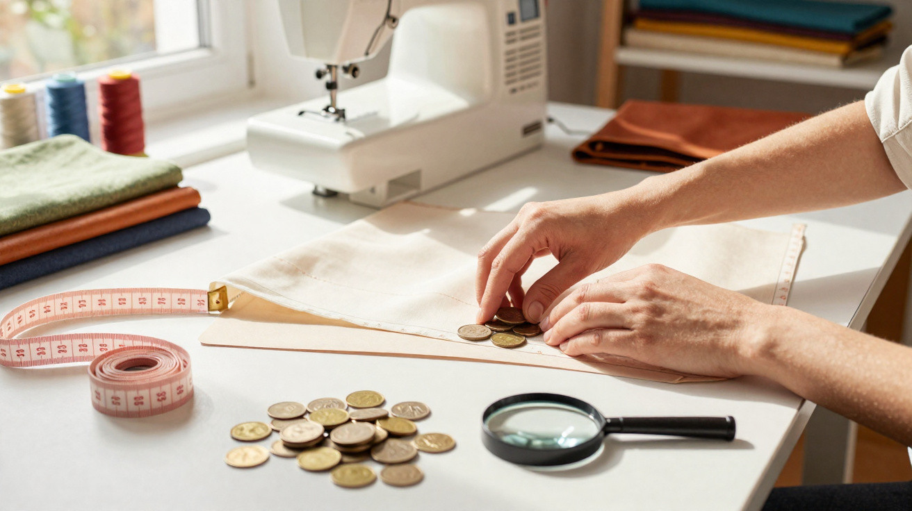 Mãos contam moedas sobre tecido numa mesa com máquina de costura, rolo de fita métrica e lupa junto à janela.