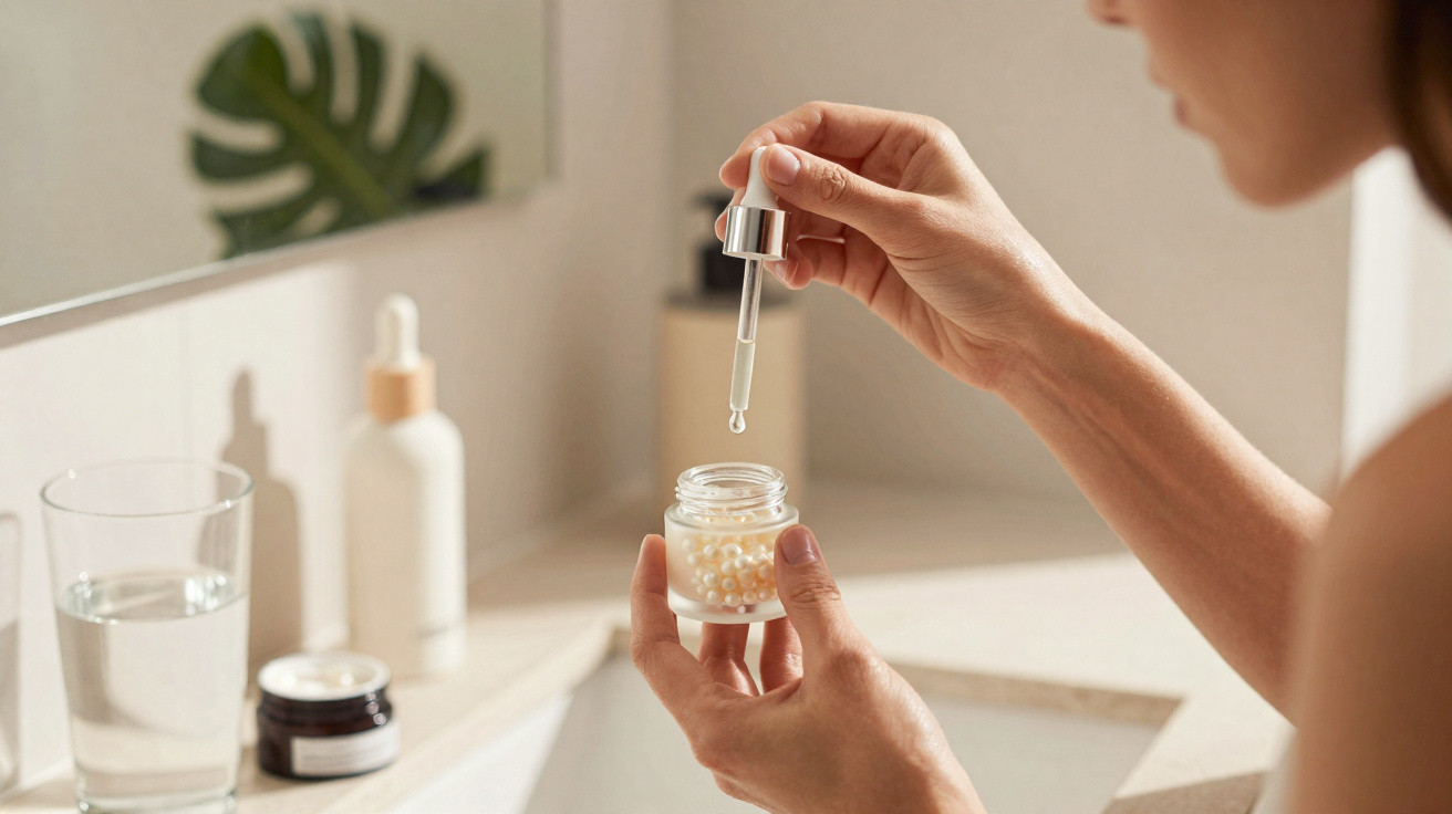 Pessoa a aplicar sérum facial usando conta-gotas e frasco com pérolas em casa de banho.
