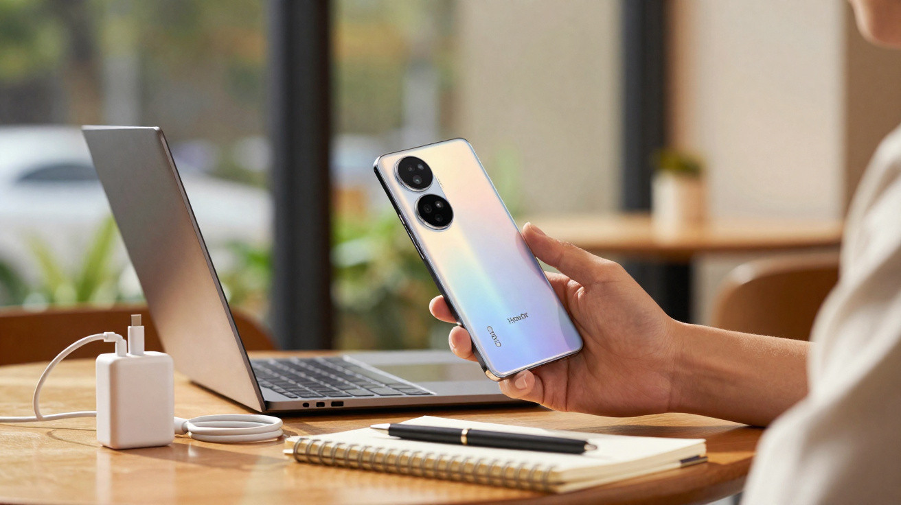 Pessoa a segurar um smartphone Huawei com laptop, caderno e carregador numa mesa de madeira junto a uma janela.