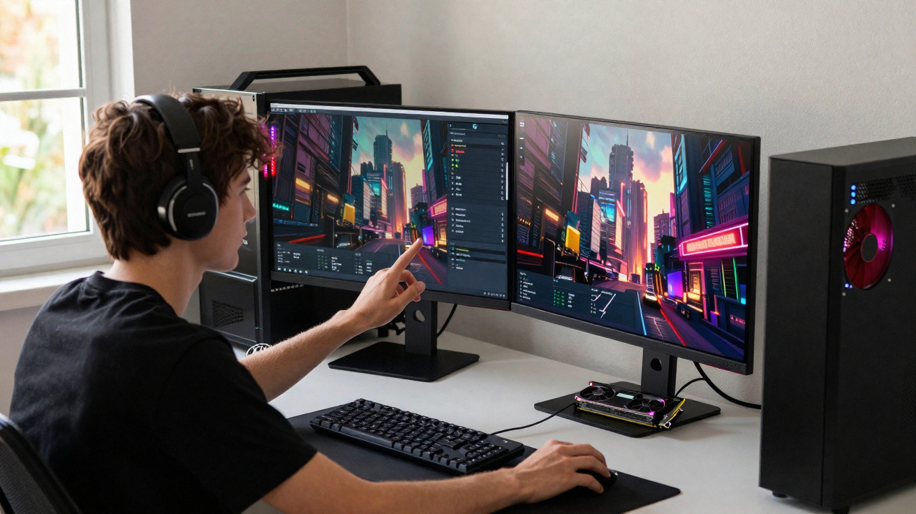 Jovem com auscultadores usa computador com dois ecrãs e cria cenário urbano futurista em ambiente luminoso.