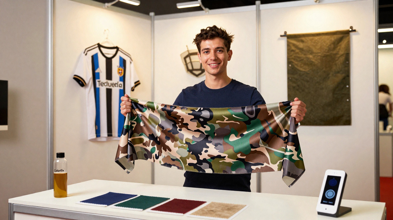Jovem numa feira segura tecido camuflado, com amostras e objetos sobre a mesa à sua frente.
