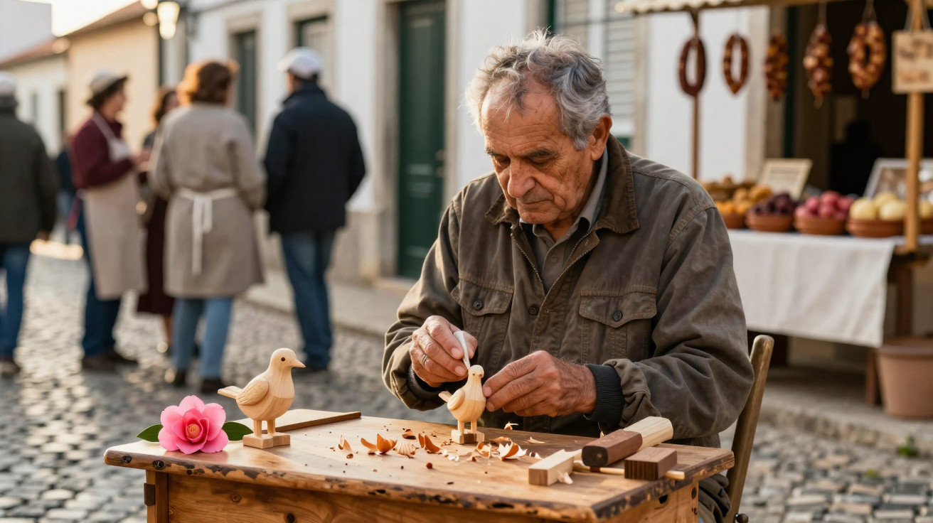 Homem idoso a entalhar uma figura de madeira em rua com outras pessoas e mercado ao fundo.